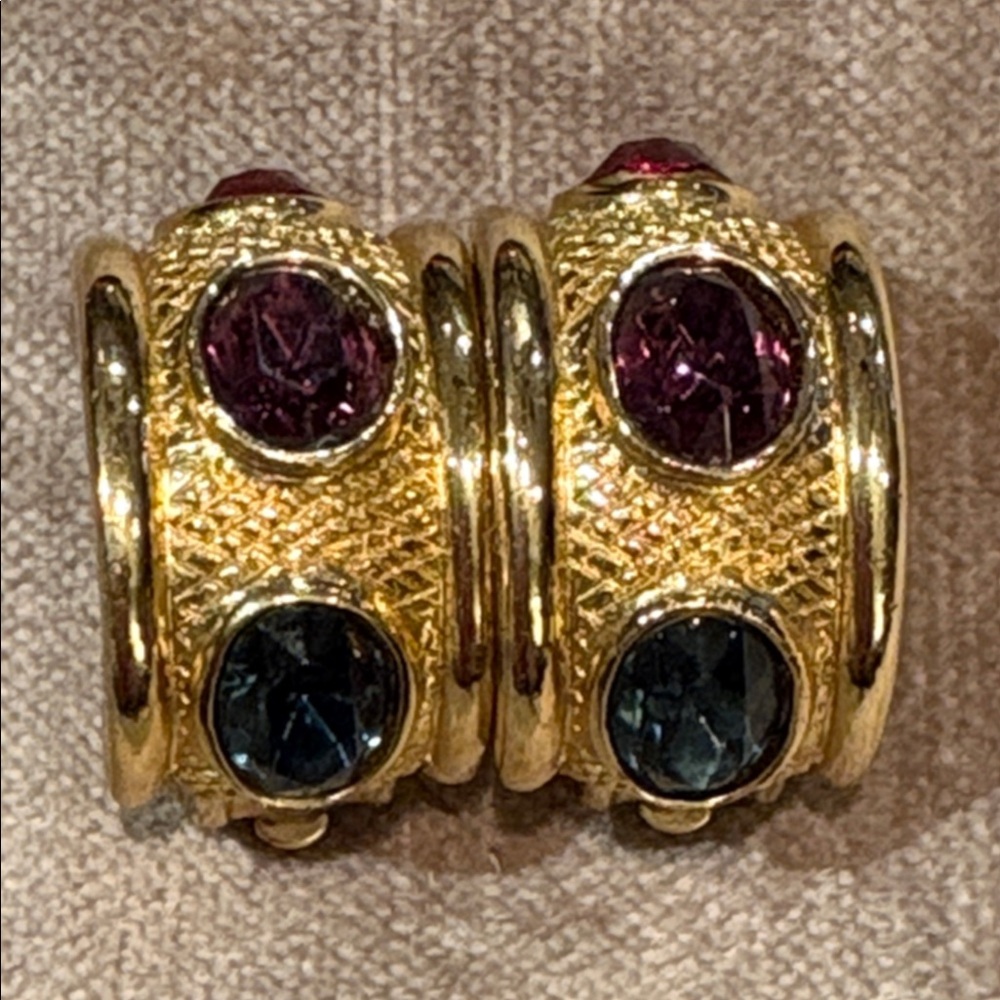 Givenchy Gold Plated Blue Purple Red Rhinestone Half Hoop Clip On Earrings - Picture 2 of 11